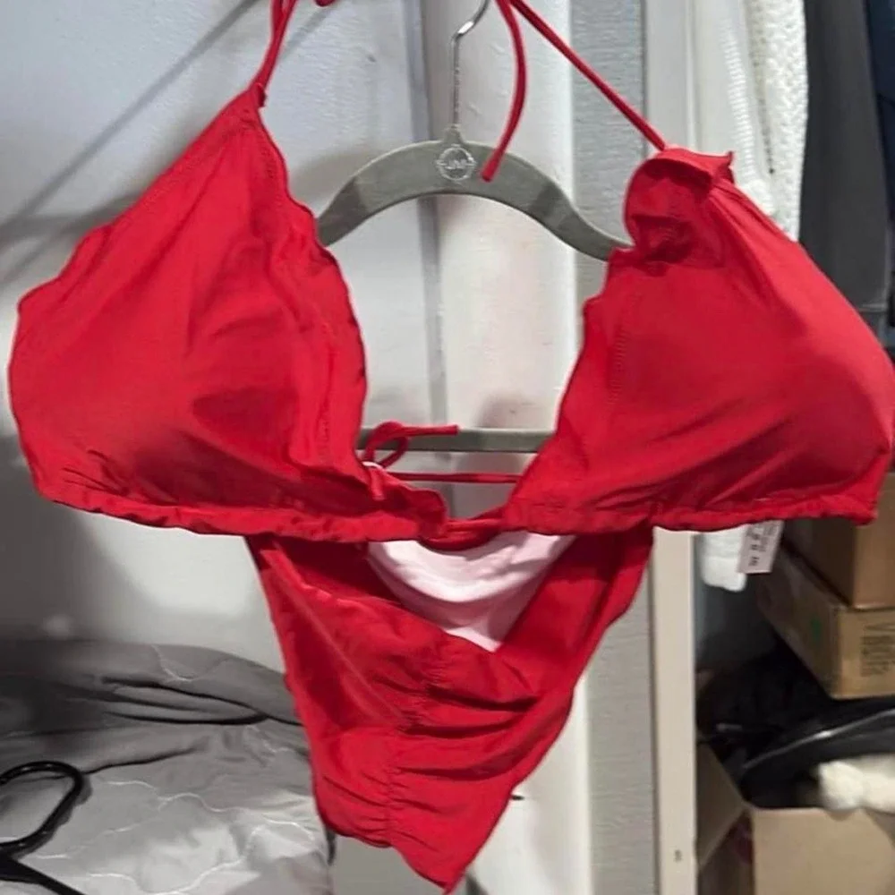Red bikini set with white trim